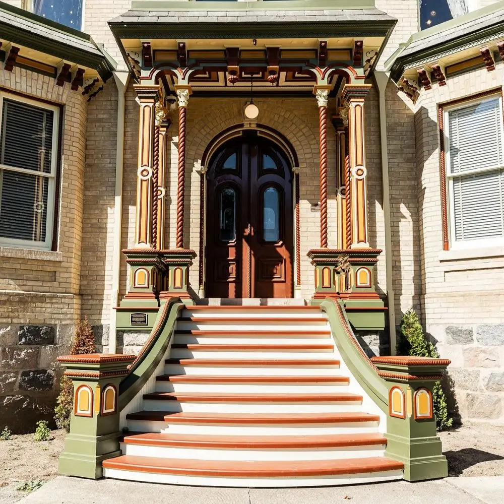 Ornate front entrance of a historic home, featuring custom woodwork by Homestead Woodworks, including detailed columns and wooden stairs